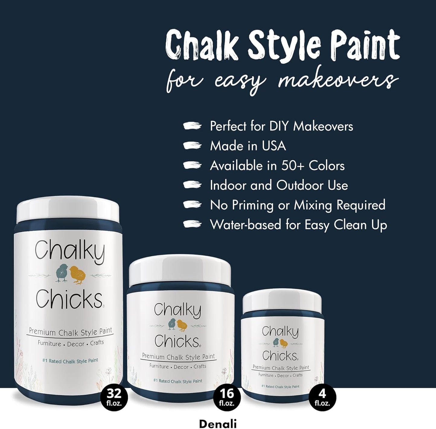 Chalky Chicks All-in-One Chalk Paint for Furniture or Cabinet - 32 Fl Oz - Matte Finish Denali (Deep Blue) for Metal, Wood Furniture Paint - No Sanding All-in-One for Home Decor & Crafts, USA Made
