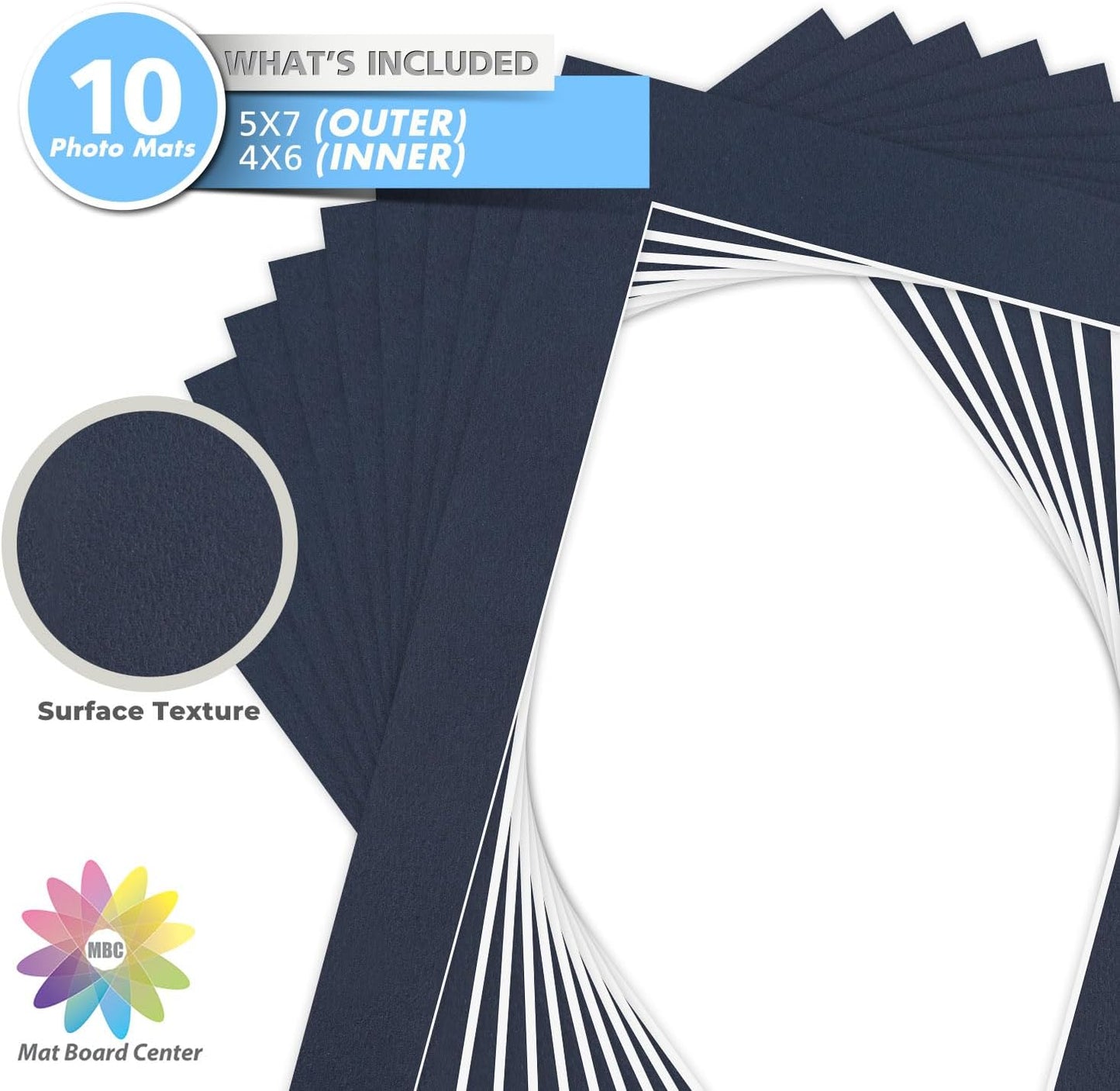 Mat Board Center, Pack of 10, 5x7 for 4x6 Dignity Blue Color Mats - Bevel Cut, Acid Free, 4-ply Thickness, White Core - for Pictures, Photos, Framing