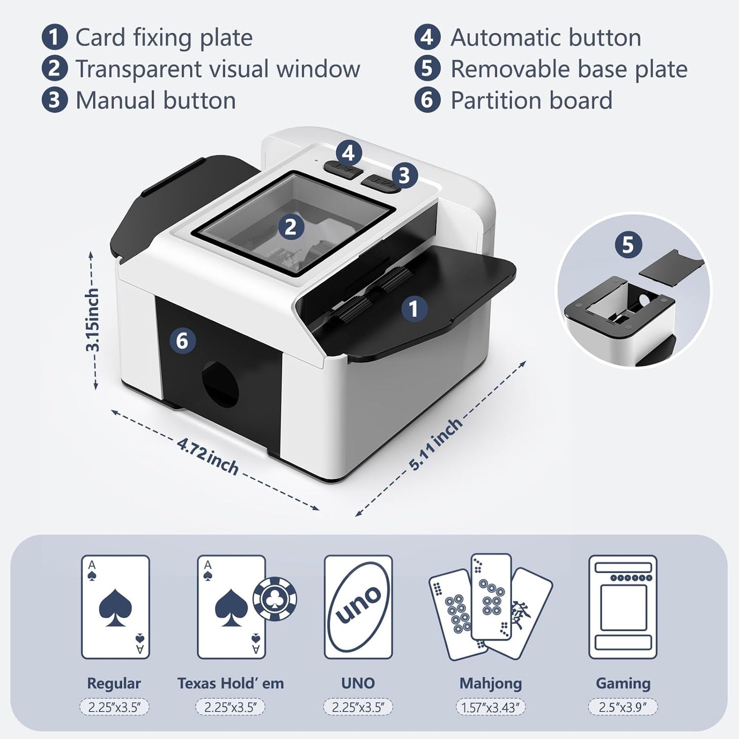 ShinePick Automatic Card Shuffler, Electric Shuffling Machine with 2000mAh Rechargeable Battery, Low Noise Card Shuffler - Automatic and Manual Mode for Poker, Phase 10, UNO, Skip-Bo