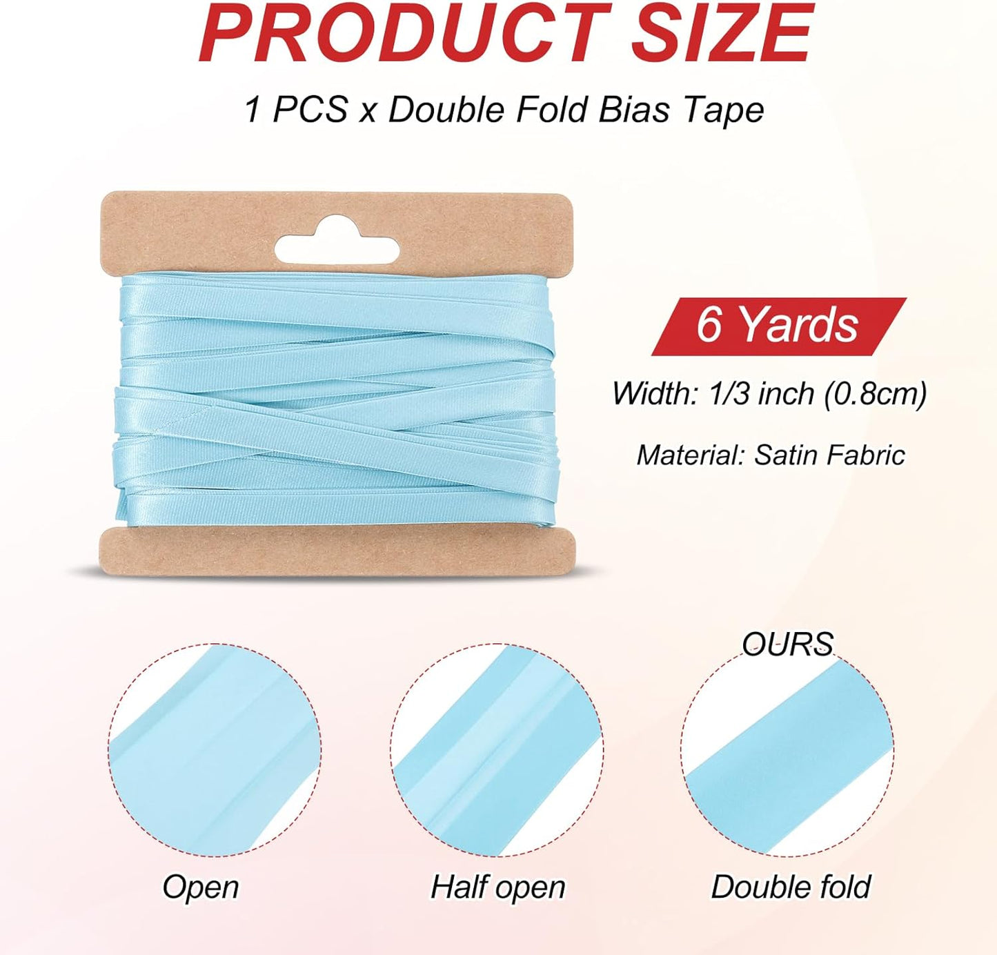 MECCANIXITY Double Fold Bias Tape for Sewing 1/3 Inch x 6 Yards Satin Pre-fold Continuous Binding Tape for Seaming Quilting Hemming Binding DIY Crafts, Sky Blue