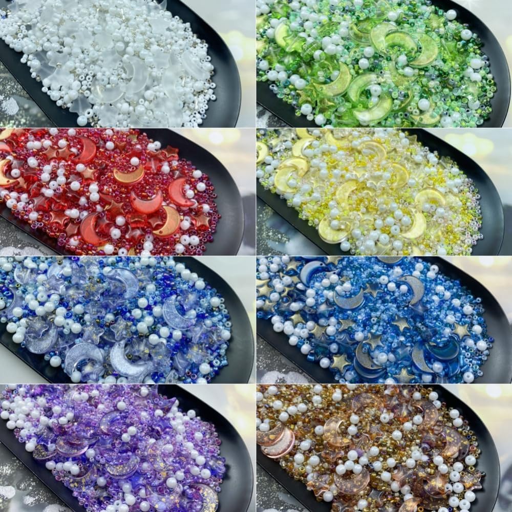 Assorted Glass Beads for Jewelry Making Multi Size Colors Glass Star Moon Seed Pearl Spacer Beads for Bracelets Necklace Earring Making(White Red)