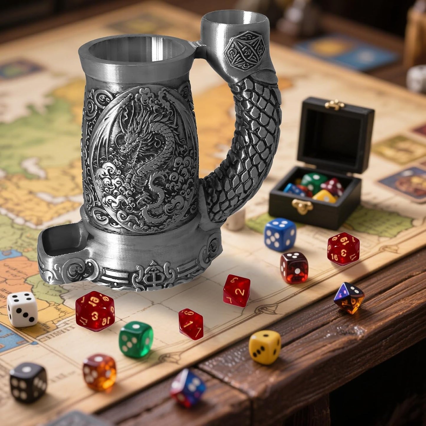 Dice Tower Mug, Dice Rolling Tower, Comes with 7 PCS Dice Set, Suitable for DND Dungeons and Dragons, Tabletop Games, Available As Drink Holder, D&D Gifts, DND Accessories (Silver-Dragon)