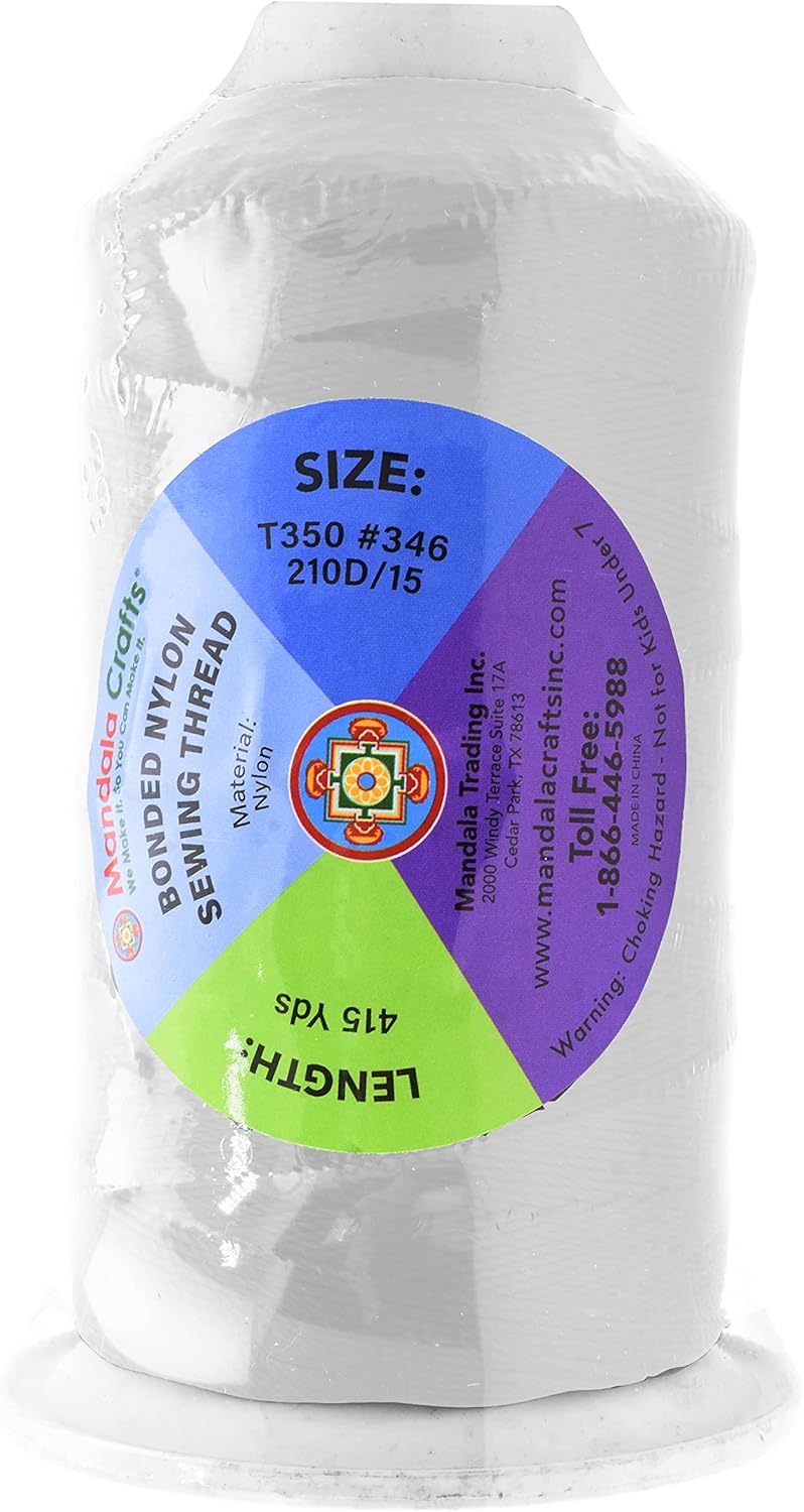 Mandala Crafts Bonded Nylon Thread - White Heavy Duty Sewing Threads - 415 YDs Size 346 210D T350 Tex 350 Thread for Leather Jeans Weaving Outdoor Marine Upholstery