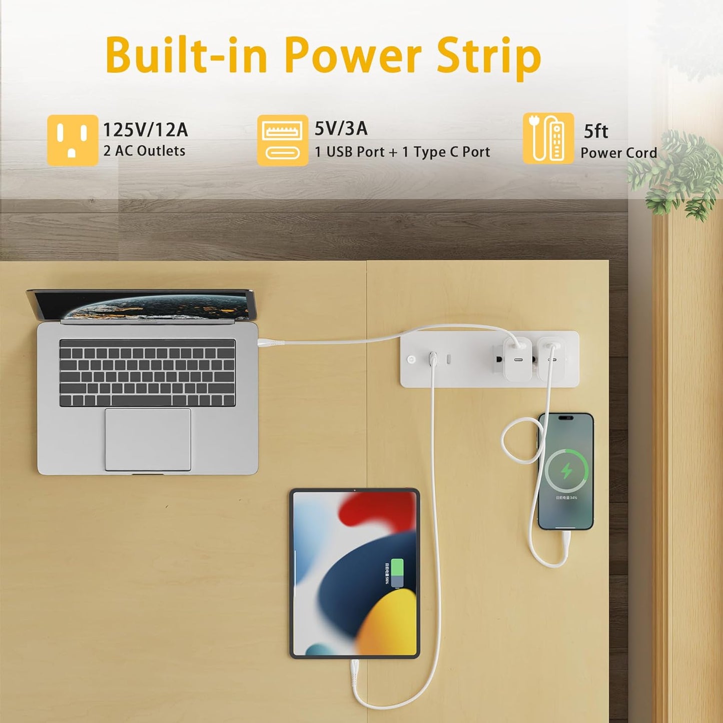 TIQLAB Small Computer Desk with Power Outlets, 40 Inch L Shaped Desk with Reversible Shelves, Gaming Desk Corner Desk Study Writing Table for Home Office Bedroom Living Room, Beige