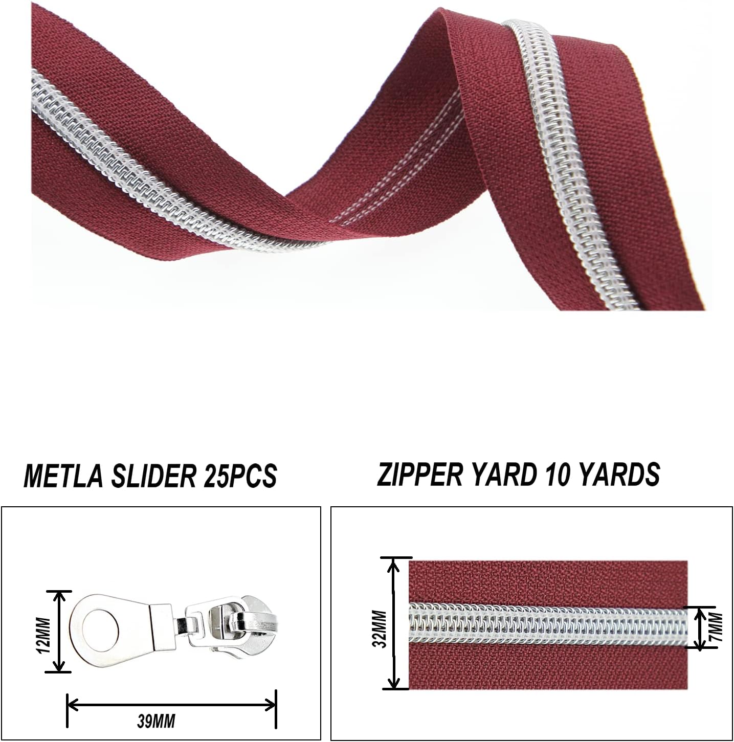 Leekayer #5 Metallic Silver Nylon Coil Zippers by The Yard Bulk 10 Yards Wine Color Zipper Tape with 25pcs Silver Sliders for DIY Sewing Tailor Craft Bag(Wine)