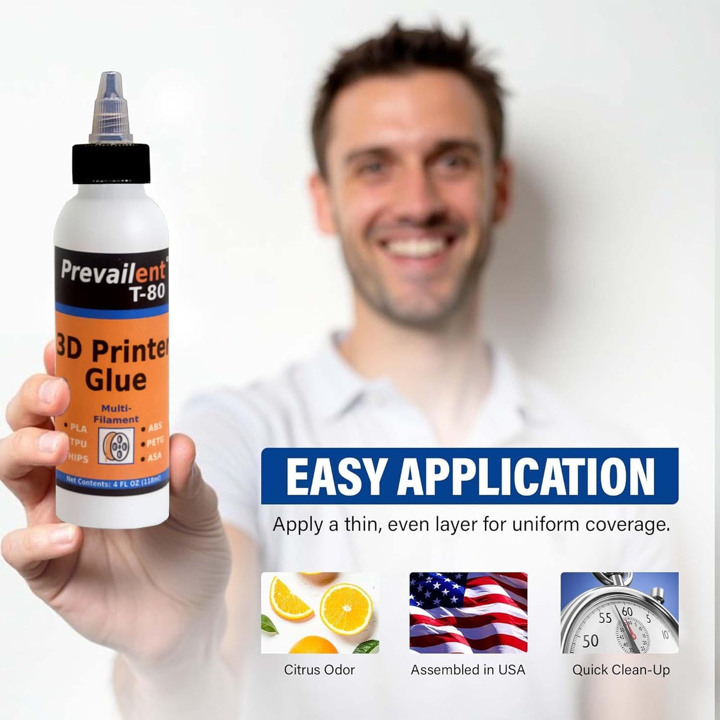 3D Printer Glue – Strong 3D Printer Adhesive for PLA, PETG, ABS, TPU & More, Bed Adhesive for Multiple Build Plates, Reduces Warping, Easy Release, 4 fl oz (118ml) - Prevailent T-80