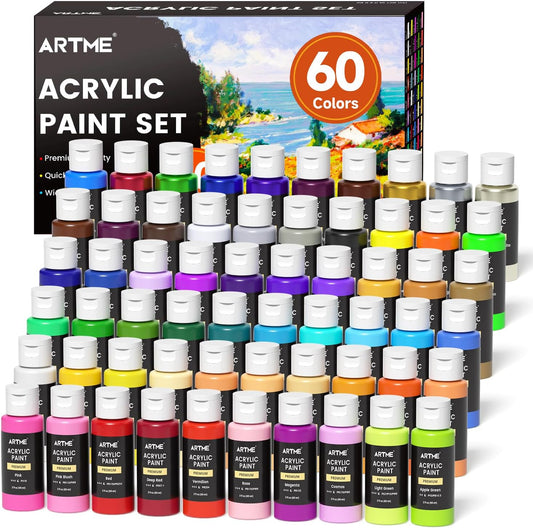 ARTME Acrylic Paint Set, 60 Colors in 2oz/60ml Bottles, Non Toxic, Waterproof, Rich Pigments Acrylic Paint for Artists, Students, Beginners Painting on Rocks Canvas Wood Clay Fabric Ceramic Crafts