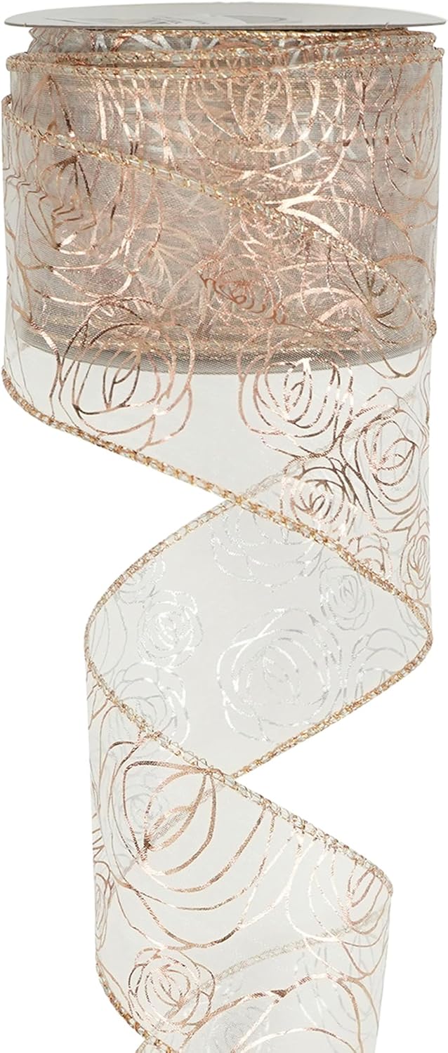 MEEDEE Floral Rose Wired 2.5 Inch Rose Gold Organza Sheer Ribbon, Wedding Bouquet Ribbon, 25 Yards Roll, Pink, For Crafts, Valentine Bow Making, Decor