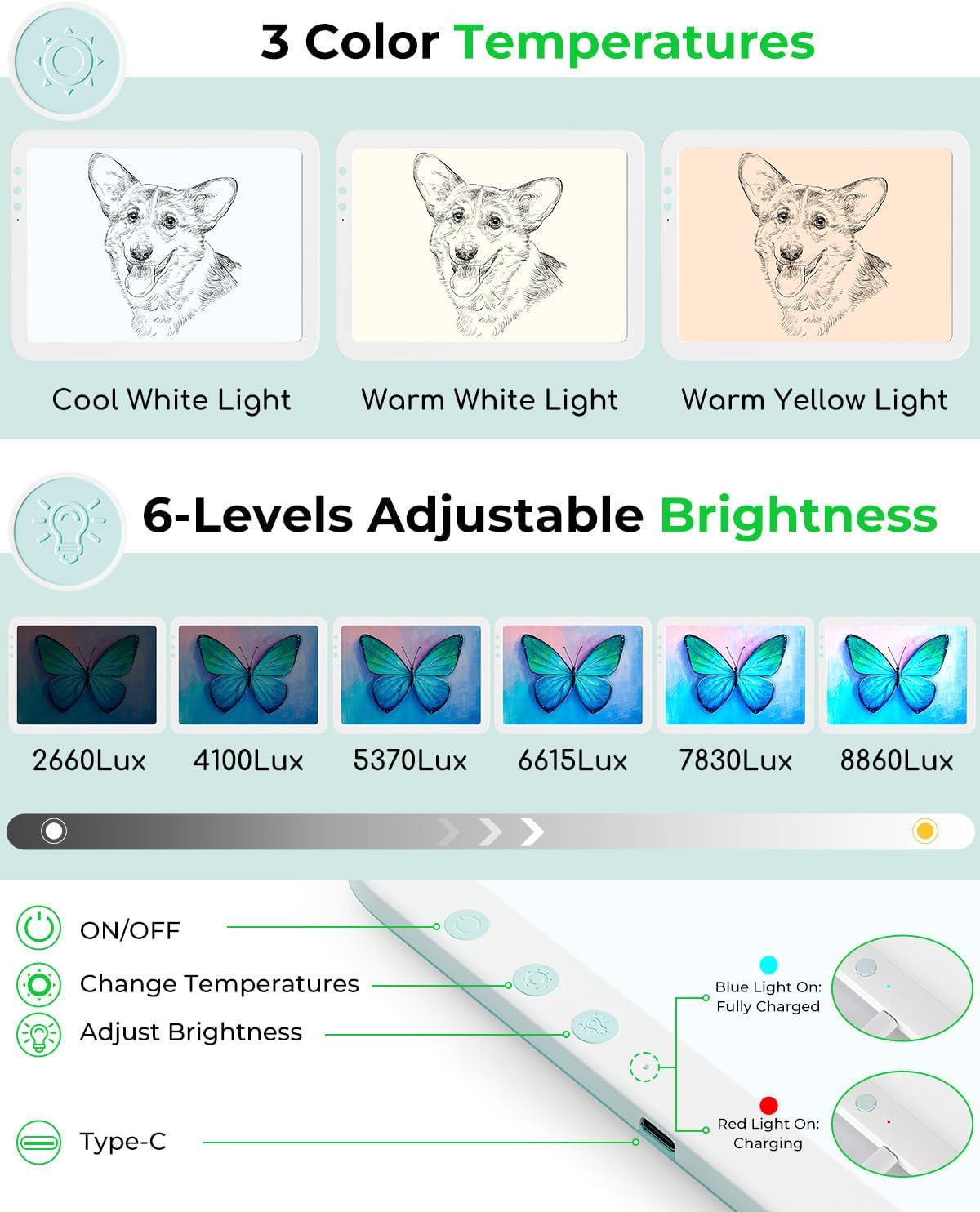 Rechargeable A4 Light Board with Weeding Tools Set and Accessories for Vinyl,Bawaslom Ultra-Thin & Bright Light Pad for Vinyl Weeding with 3 Colors & 6-Level Brightness for Diamond Art,Tracing