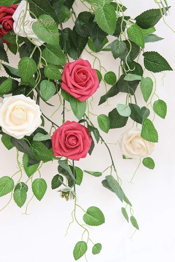 Floroom Artificial Flowers 50pcs Real Looking Fuchsia Foam Fake Roses with Stems for DIY Wedding Bouquets Bridal Shower Centerpieces Floral Arrangements Party Tables Home Decorations