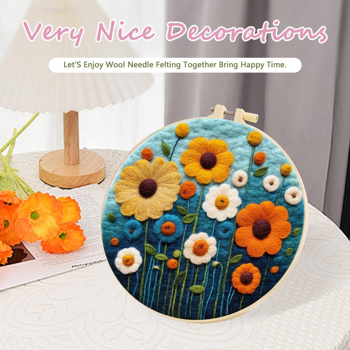 yesJRL Needle Felting Kits Beginners, Natural Landscape DIY Wool Needle Felting Starter Kit, Floral Needle Felt Set with Foam Pad, Felt Cloth and Instructions, Used for Home Decoration (Blue)