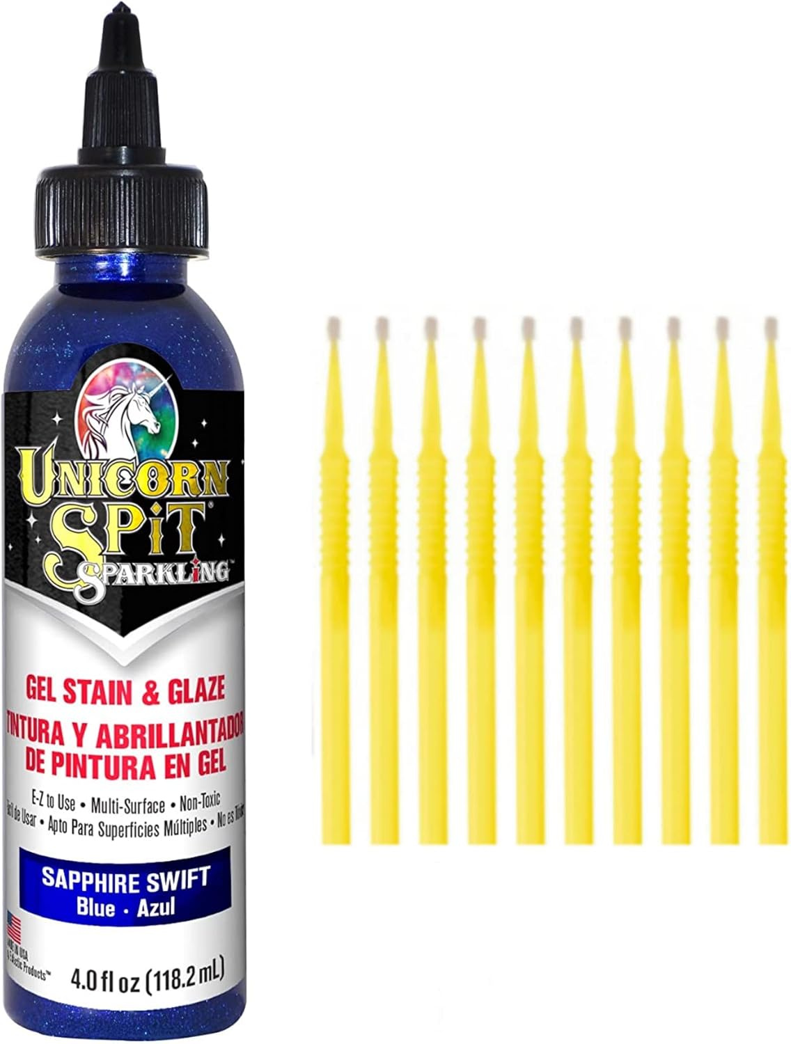 Unicorn SPiT Gel Stain and Glaze in One - Sparkle Sapphire Swift 4 oz. Bottle Detail Sticks