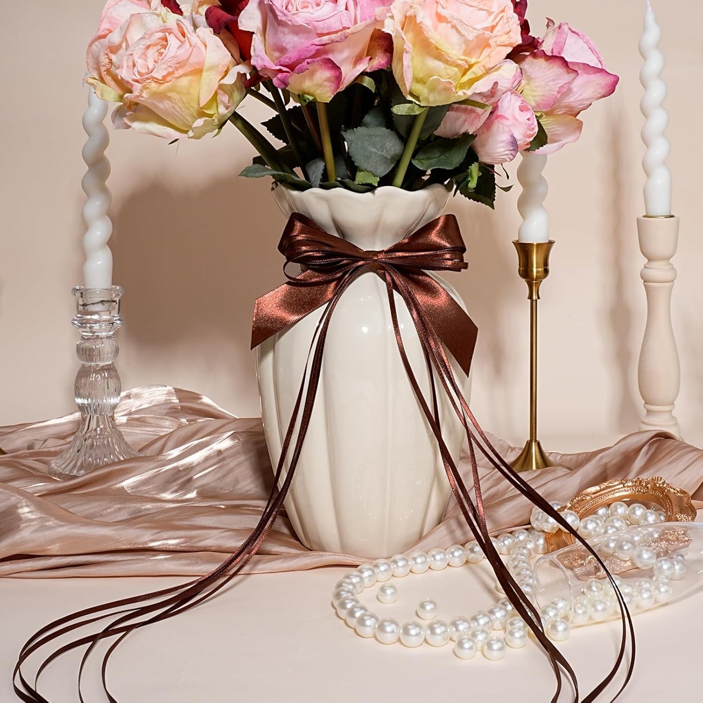 LaRibbons Brown Satin Ribbon 1 Inch 50 Yards Luxury Double Faced Firar Brown Silk Ribbon for Flower Bouquet Crafts Gift Wrapping Wedding Christmas Decoration