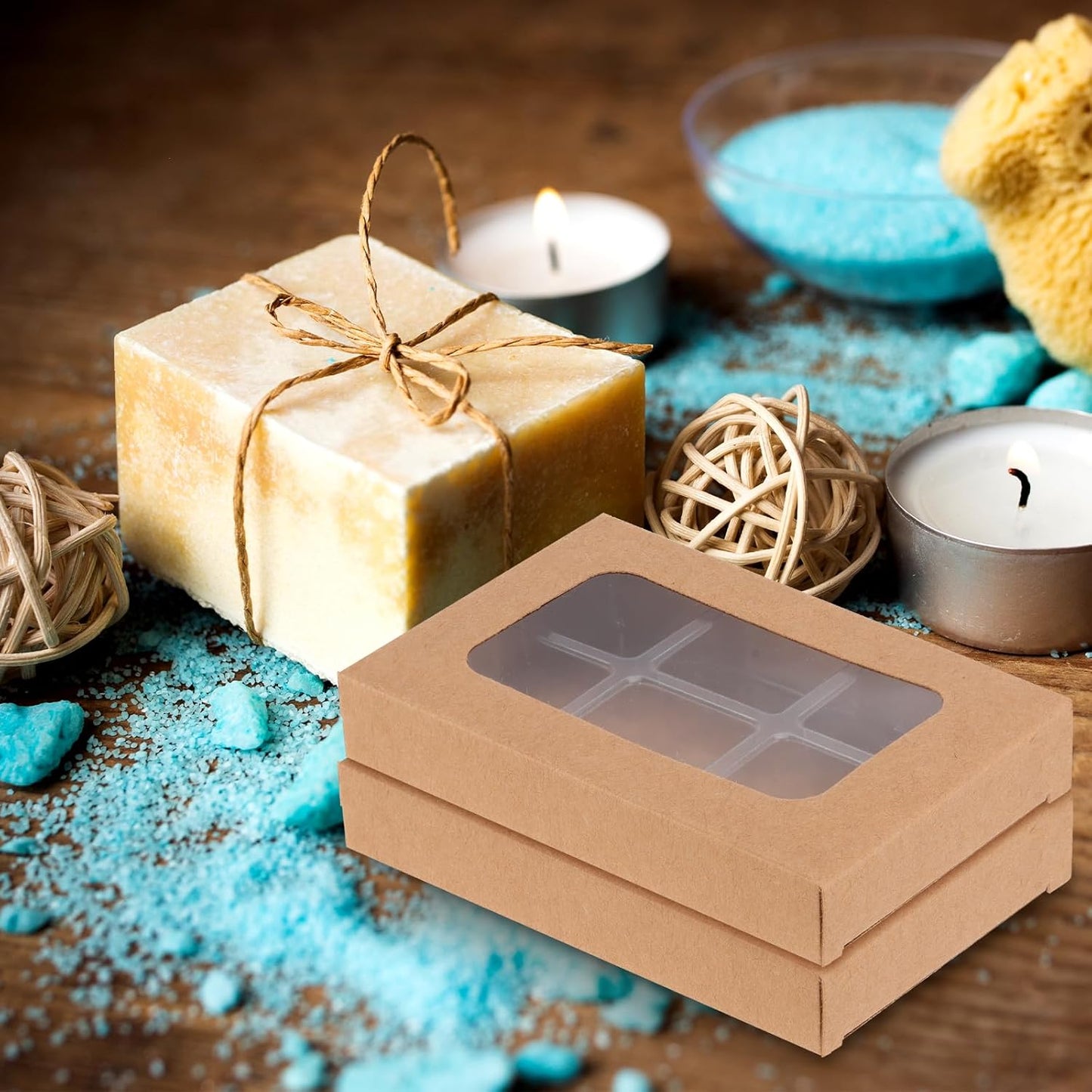 100 PCS Gift Boxes for Wax Melts 6 Cavity Plastic Mold with Box Kraft Wax Melt Boxes Crystal Clear Wax Melt Molds Wax Melts Containers for Wax Cubes Wax Tarts Wax Block(4 * 2.8 Inch)