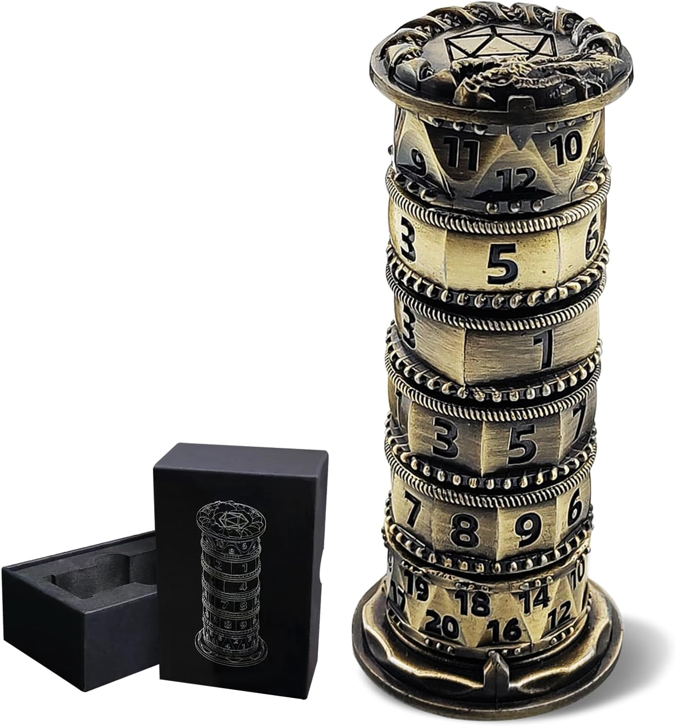 DND Dice Spinner Tower Set - Unique D4 D6 D8 D10 D10% D12 D20 All in One D&D Metal Dice - Cool Role Playing Gifts for Dungeons and Dragons TRPG MTG Games Lover Player (Tower-Ancient Bronze)
