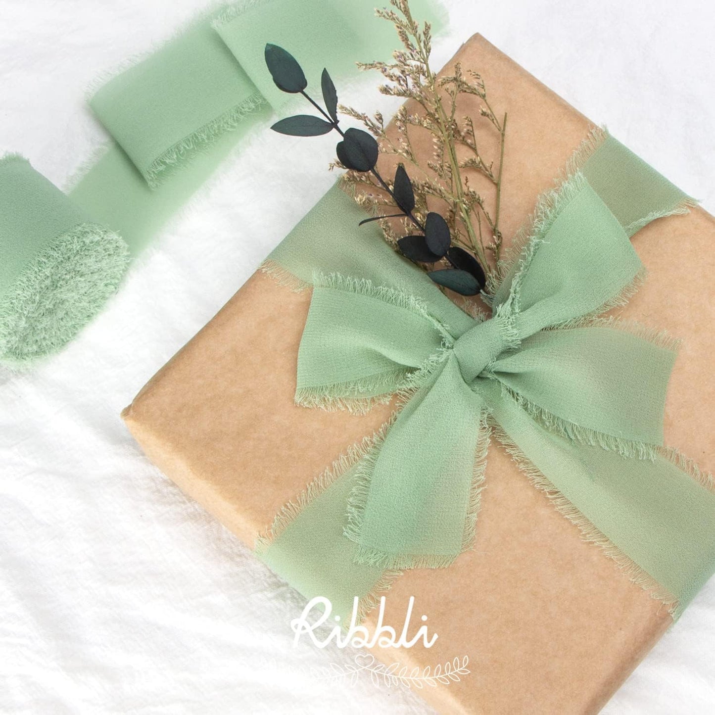 Ribbli Green Chiffon Ribbon1.5 inch x 30 Yard Handmade Silk Ribbon for Wrapping,Ivory Sage Forest Green Fringe Chiffon Ribbon for Wedding Invitations, Bridal Bouquets, Flower Arrangement Decoration