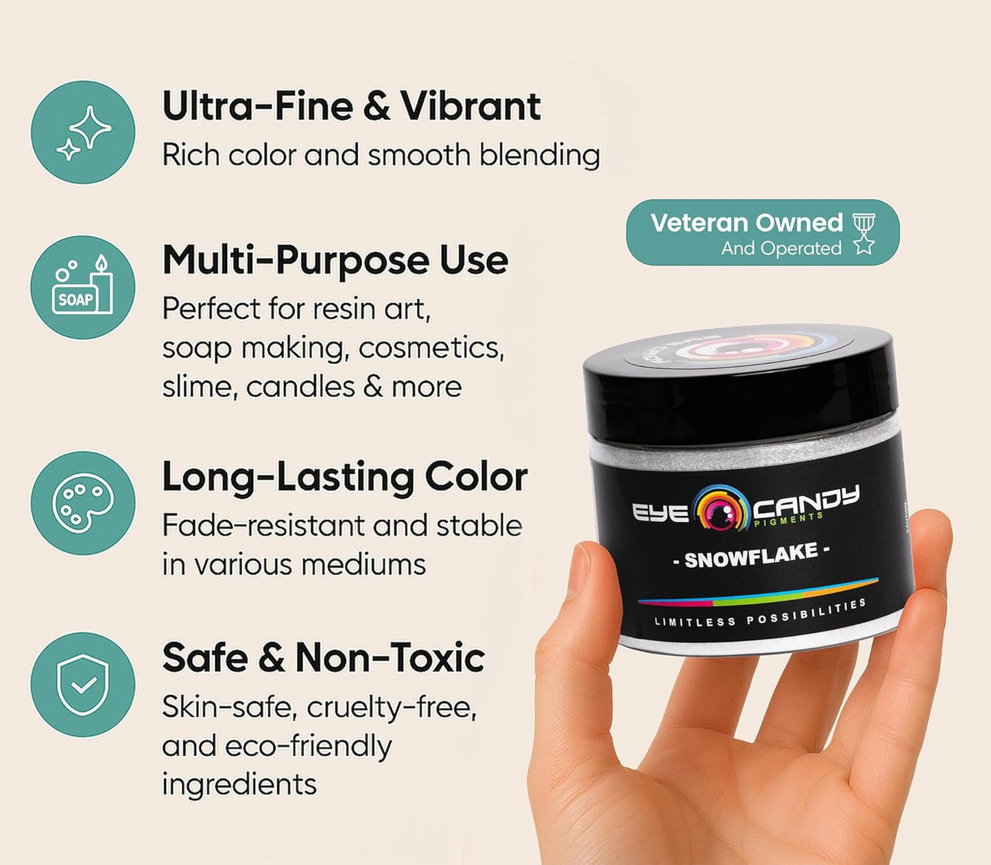 Eye Candy Pigments Premium White Mica Powder - Snowflake (50gr) - for Epoxy, Resin, Soap, Paint, Woodworking, Acrylic Pouring, Bath Bombs, Fishing Lures - DIY Arts and Crafts Additive