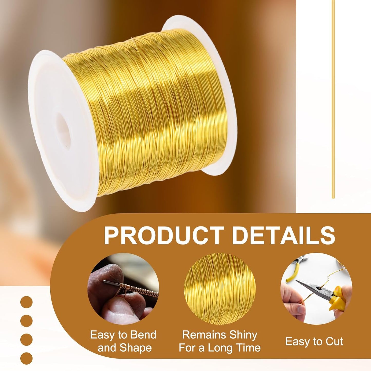 PATIKIL 28 Guage/ 0.3 mm 328 Feet Jewelry Craft Wire, 2 Pcs Copper Beading Wire with Plier for Beading Jewelry Making Supplies Earrings Bracelets Accessories Sculptures, Gold