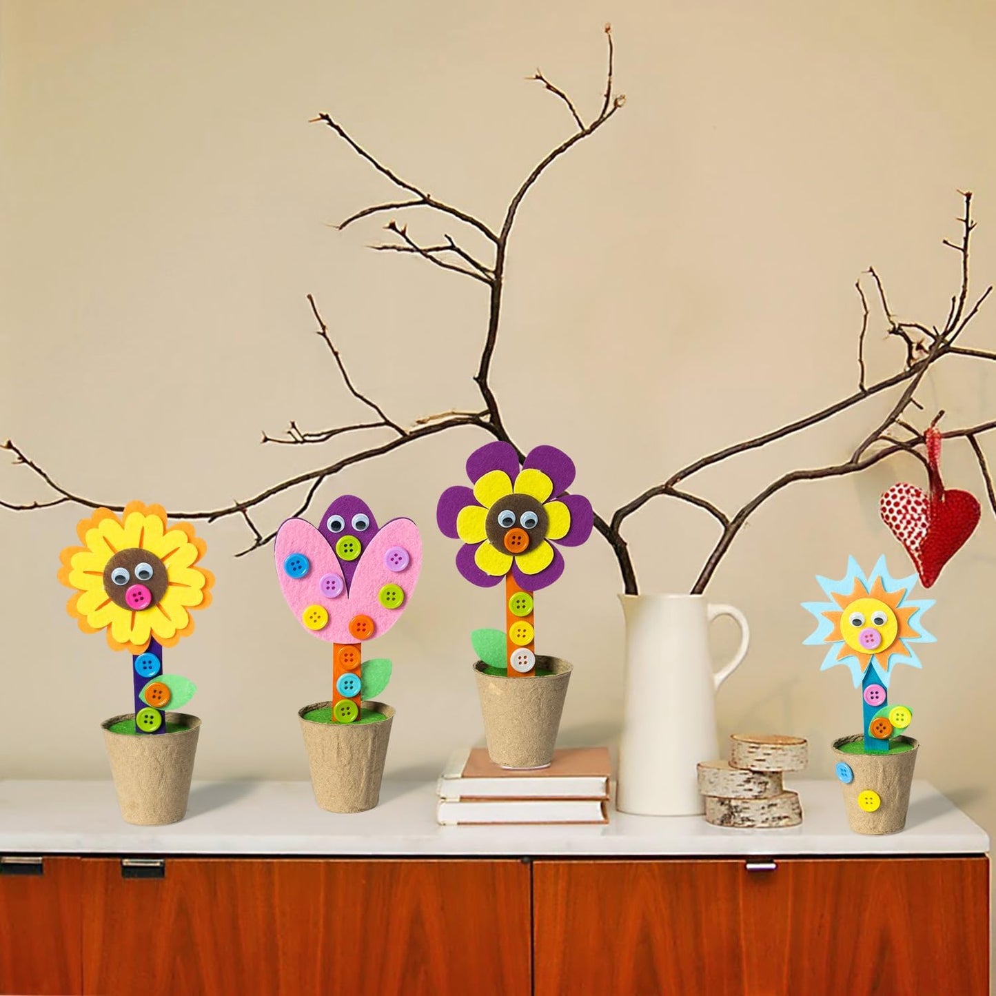 WATINC Mother's Day Spring Felt Flower Craft Kits - Make Your Standing Flowers Gift Crafts with Buttons Flower Pot Decor, DIY Flowers Decorations Home School Fun Activities for Mom Kids (16Pcs)