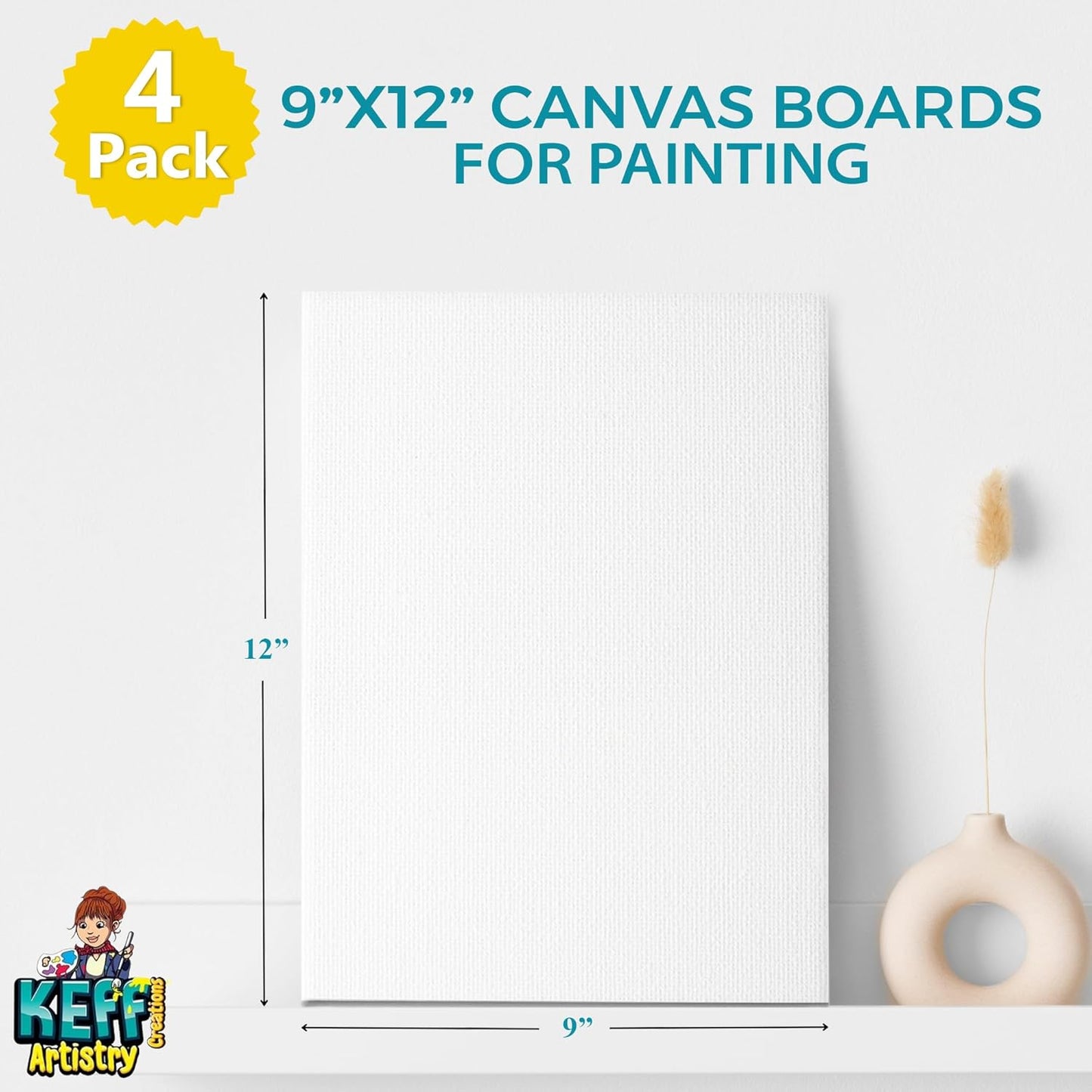 KEFF Canvas Boards for Painting - 9x12 4-Pack Bulk Canvas Panels Value Pack - 100% Cotton Triple Primed Canvases for Painting Supplies, Acrylic, Oil, Watercolor & Tempera