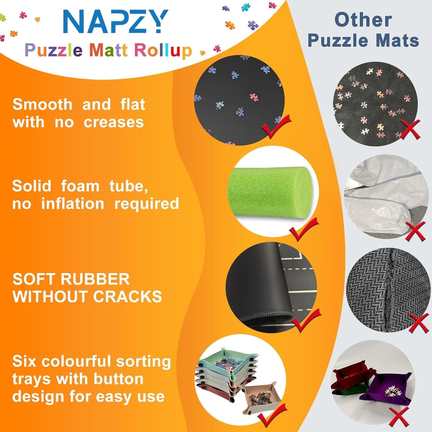 Napzy Rubber Puzzle Mat,Puzzle Matt Rollup,1500 Piece Puzzles Play Mat Has 6PCS Leather Puzzles Sorting Trays,41'' * 25'' Portable Jigsaw Keeper,Jigsaw Saver Board Roll Up with Storage Bag,Gift Box