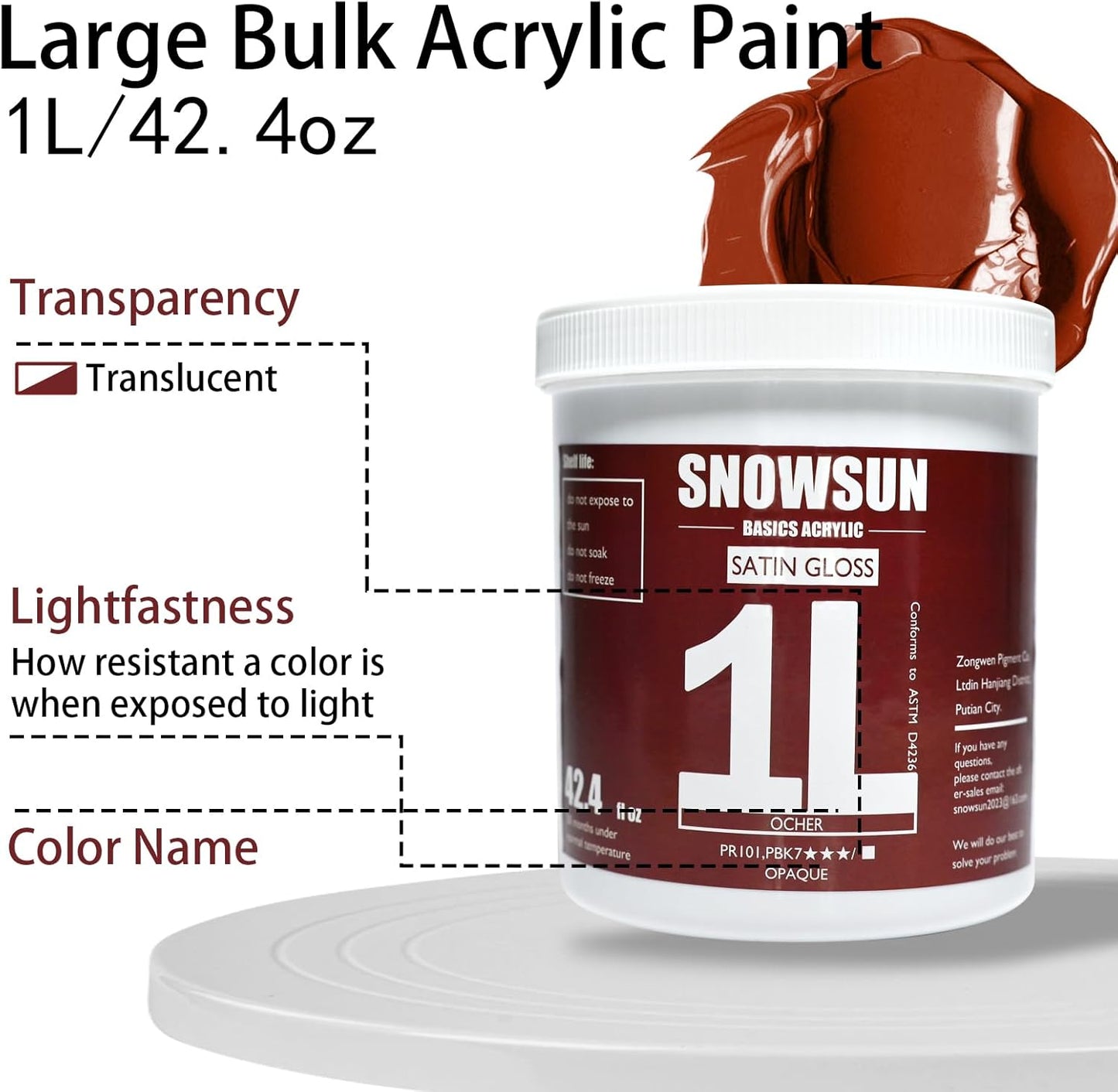 SNOWSUN Ochre Acrylic Paints, Large Bulk Heavy Body Acrylic Paint (42.4 oz, 1L) - Non Toxic Gloss Thick Art Paint for Multi-Surface, Canvas Wood Ceramic and Leather, Stone Craft, for Artists & Beginners