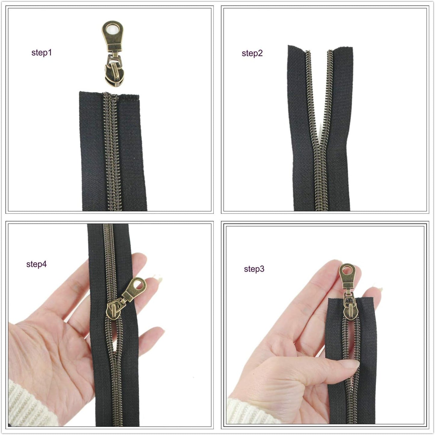 Leekayer #5 Antique Brass Metallic Nylon Coil Zippers by The Yard Bulk 10 Yards Black Zipper Tape with 25pcs Brass Sliders for DIY Sewing Tailor Craft Bag (Black)