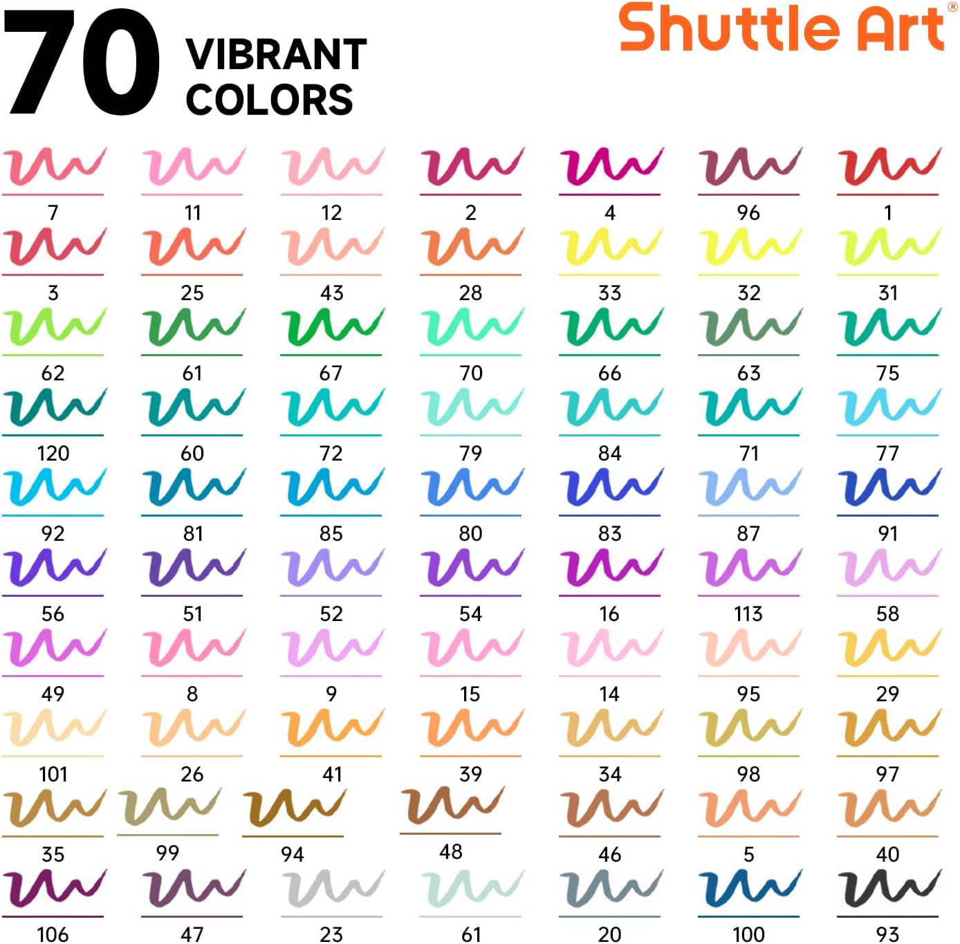 Shuttle Art Dual Tip Brush Pens, 70 Colors, Fine and Brush Dual Tip Markers Set, Portable Storage Case, Ideal for Calligraphy, Coloring, Doodling, Writing