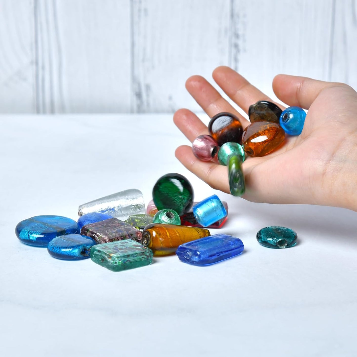 1 LB Bag of Assorted Glass Beads for Jewelry Making, Handmade Silver Foil Bead Mix for Bracelets and Necklaces, Crafting Beads Supplies Kit, Large Beads (Silver Foil Mix)