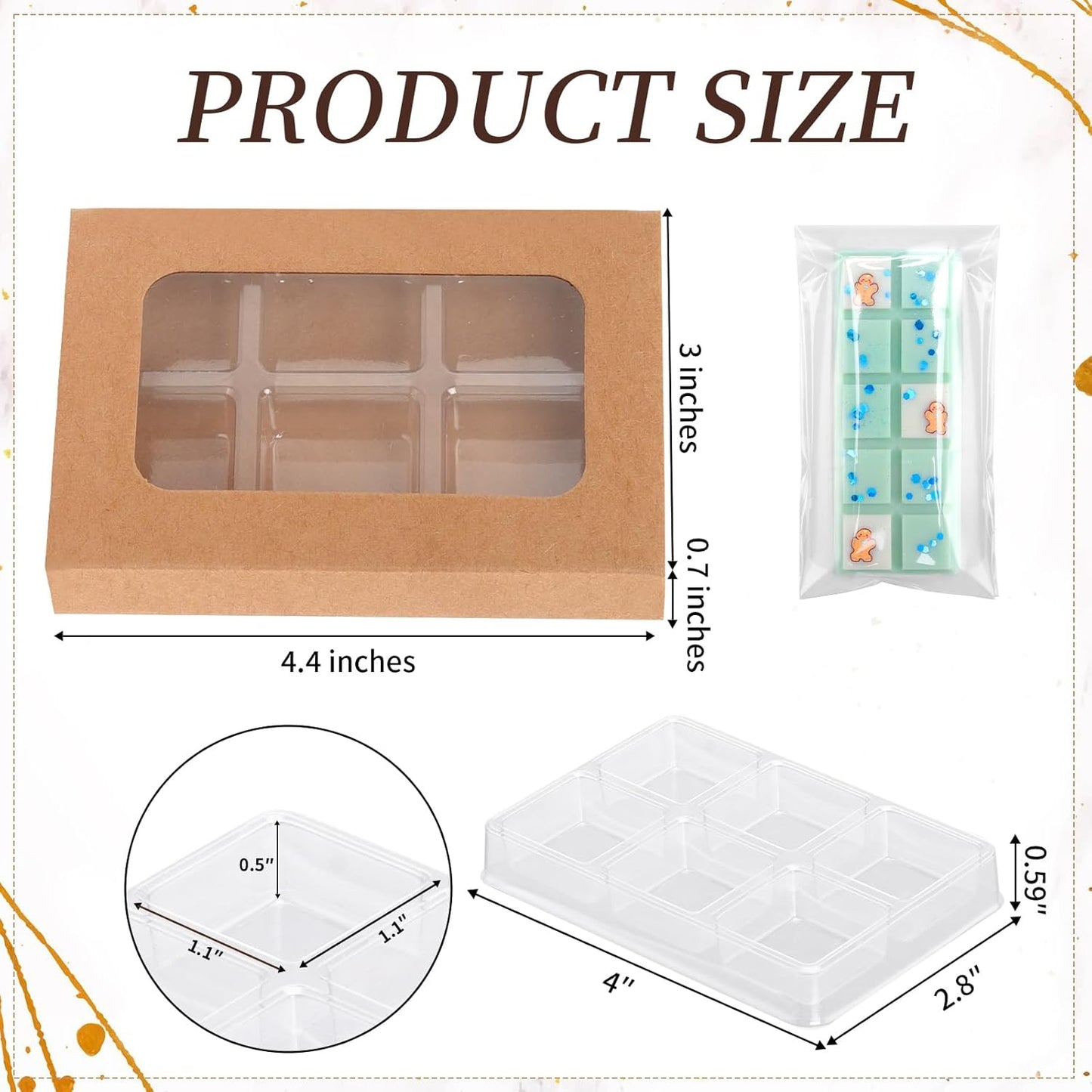 SMAODSGN 50 PCS Gift Boxes for Wax Melts 6 Cavity Plastic Mold with Box Kraft Wax Melt Boxes Crystal Clear Wax Melt Molds Wax Melts Containers for Wax Cubes Wax Tarts Wax Block(4 * 2.8 Inch)