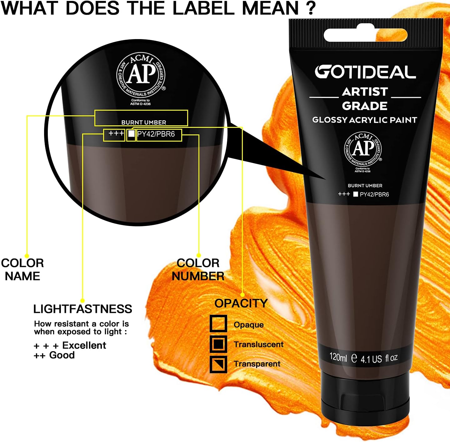 GOTIDEAL Acrylic Paint Burnt Umber Tubes(120ml, 4.1 oz) Non Toxic Non Fading,Rich Pigments for Painters, Adults & Kids, Ideal for Canvas Wood Clay Fabric Ceramic Craft Supplies (Burnt Umber)