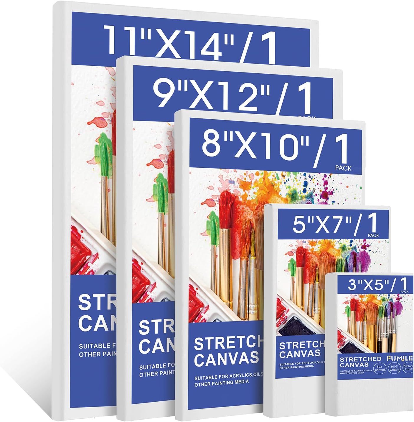 FUMILE Stretched Canvas, Canvases for Painting Multi 5 Pack 3x5,5x7,8x10,9x12,11x14(1 of Each), Cotton Primed Acid Free Blank Canvases for Painting for Oil Paint, Acrylic Paint, Gouache and Tempera.