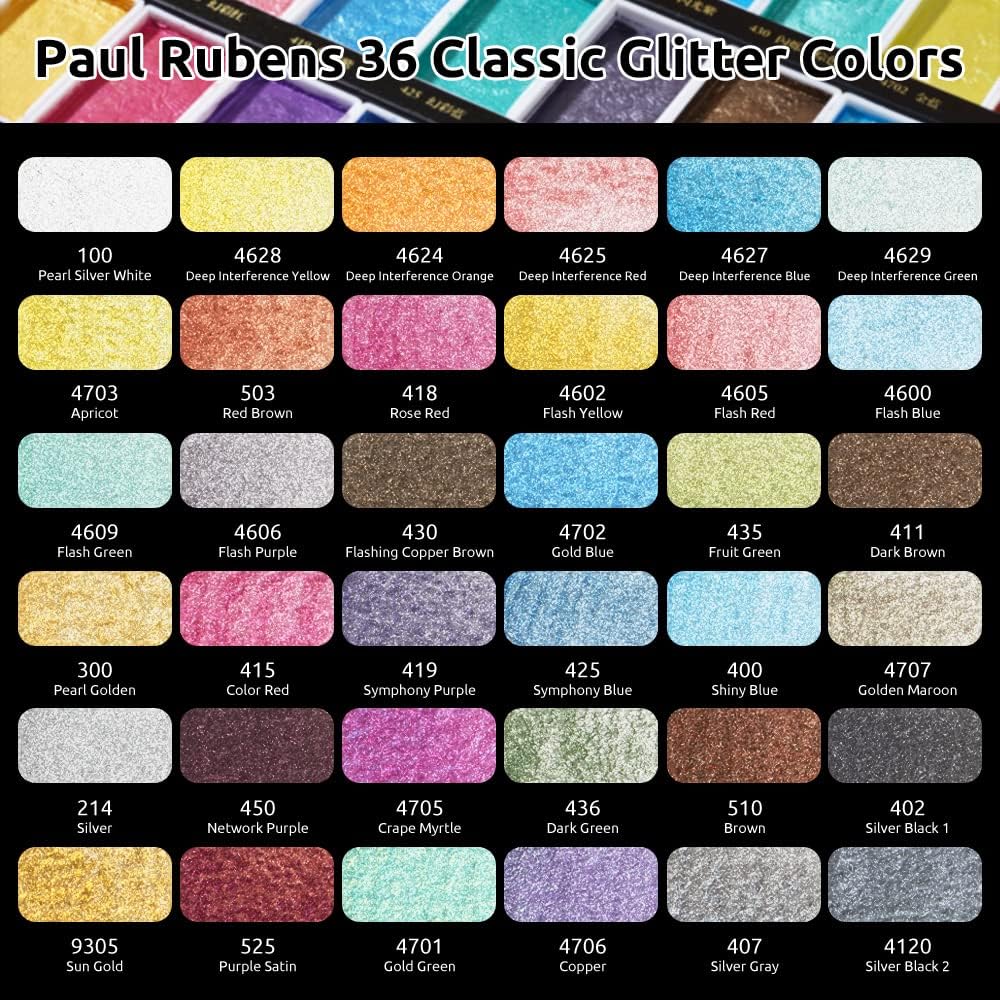 Paul Rubens Watercolor Paint Set, 36 Classical Glittery Colors Solid Paints, Strong Coverage, Good Lightfastness, Ideal for Illustrators, Artists, Painters, Students