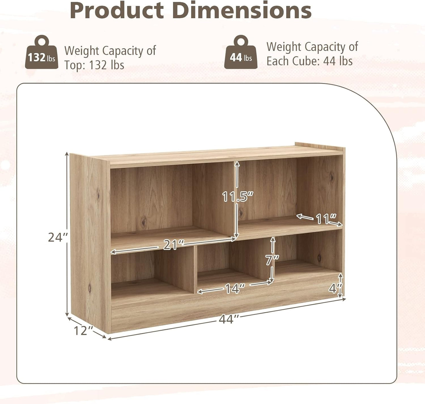 KOTEK Kids Storage Organizer, 5 Cubby Kids Bookshelf, Wooden 2-Layer Bookcase Storage Cabinet, Toy Shelf for Daycare, Nursery, School Classroom, Playroom, Living Room & Bedroom (Natural, 5 Cubes)