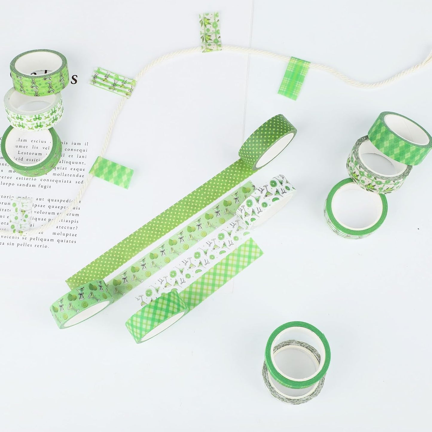 12 Rolls Greenery Washi Tape, Martini Bow Lemon Masking Tape, Checkered Martini Glass Decorative Sticker for Summer Party Afternoon Tea Scrapbook Journal DIY Craft Gift Wraps 16.4FT