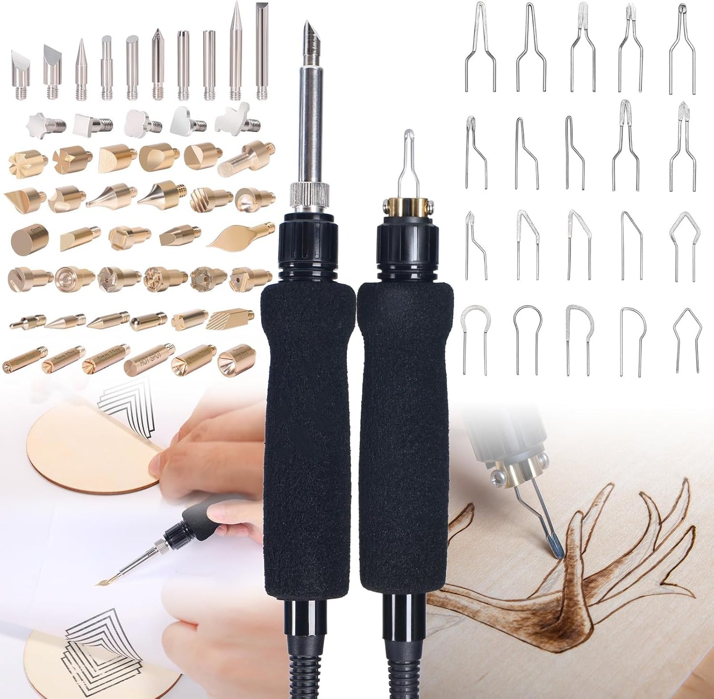 YIHUA 939D-II Pyrography Pen Wood Burning Kit Station 2-in-1 Solid-Point 200~480°C (with Temp Display)/Wire-Nib 250~750°C with 20 Nibs, Solid Points, 1 Stable Pen Holder, 2 Scrap Wood (Green)