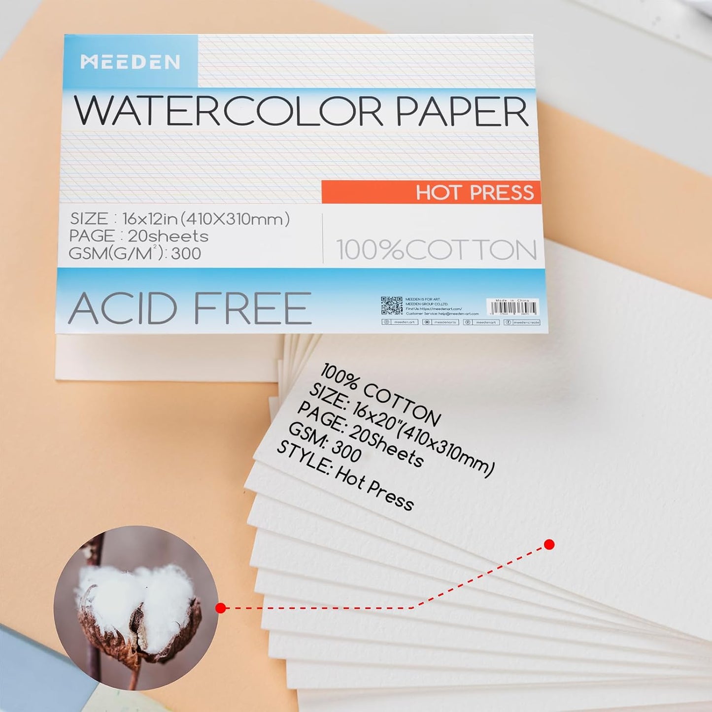 MEEDEN Watercolor Paper Block - 100% Cotton Watercolor Paper Pad of 20 Sheets, 140lb/300gsm, Acid-Free Art Paper for Watercolor, Gouache, Ink and More, 16" x 12" Hot Press