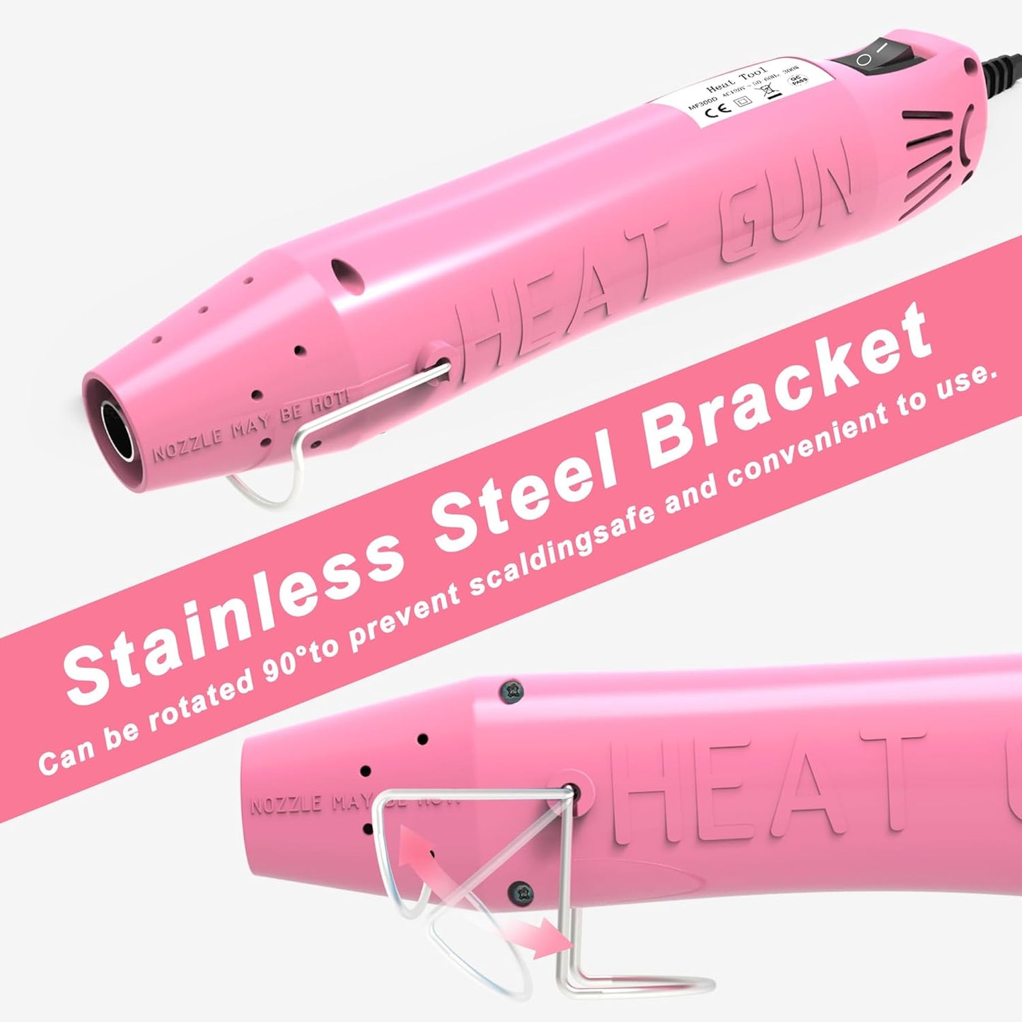 Heat Gun, Mini Heat Gun for Shrink Tubing, Portable Heat Gun for DIY Crafts, 300W Heat Air Gun with Reflector Nozzle, Shrink Wrap Gun Tool for Shrink Packaging PVC, Drying Paint, Clay - Pink