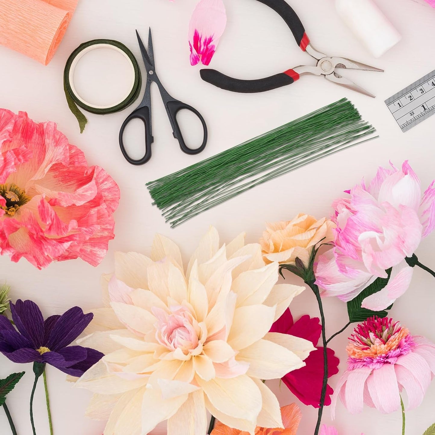 PATIKIL 20 Gauge 16" Floral Stem Wire, 100 Pcs Paper Wrapped Iron Artificial Flower Stem Accessories for DIY Bouquet Stem and Craft Decoration, Dark Green