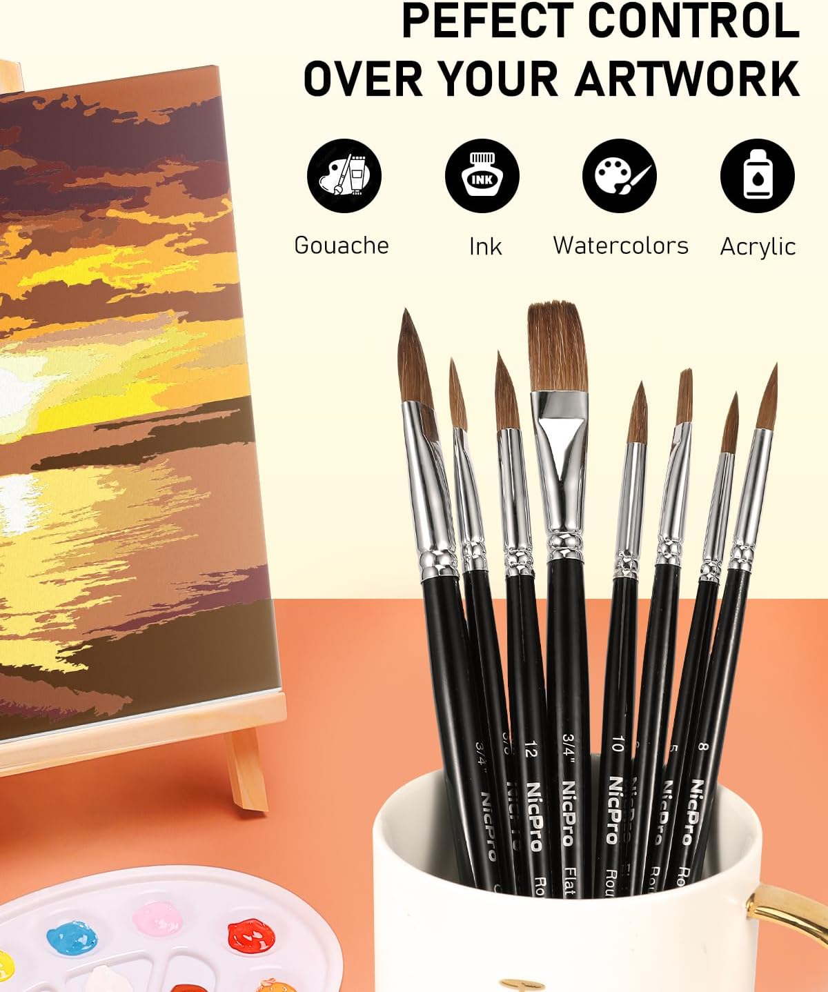 Nicpro Kolinsky Sable Watercolor Brushes, 10PCS Professional Sable Paint Brush Set with Nylon Holder for Watercolor Acrylic Gouache Inks Painting with Flat, Round Pointed, Cat's Tongue Oval Wash