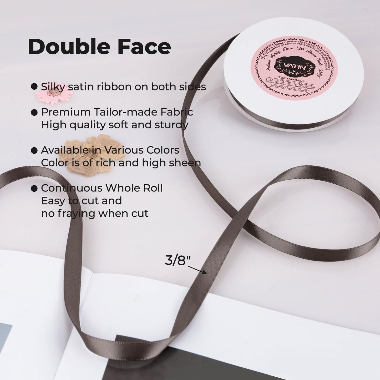 VATIN Double Face Dark Olive Satin Ribbon 3/8" Continuous 50 Yards,Dark Olive Polyester Fabric Ribbon use for Bows Bouquet, Gift Wrapping, Floral Arrangement Wedding Decoration