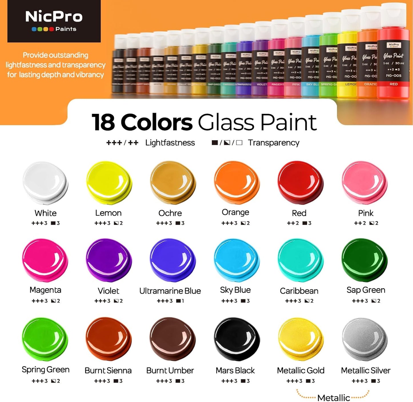 Nicpro 18 Colors Stained Glass Paint Set, 1oz / 30ml Waterproof Acrylic Enamel & Ceramic Glass Painting Kit for Arts on Transparent Wine Glasses Jars Windows with 6 Brushes & 1 Palette, Opaque Finish