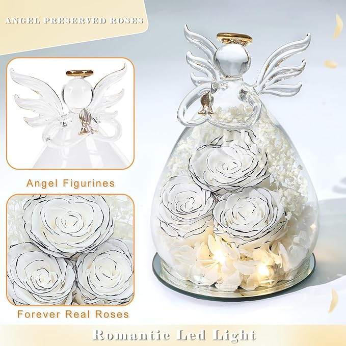 Beferr Valentines Day Rose Gifts for Her Women Mom Gifts for Birthday, Fresh Flowers for Delivery Forever Preserved Rose in Glass Angel Figurine, for Grandma Wife Daughter Girlfriend