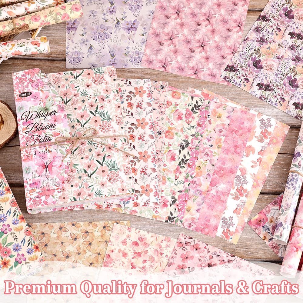 160 Sheets of Pink Flower Scrapbook Paper, journaling Scrapbook Supplies Craft Collage Paper Set, Junk Journal Bullet Journal Poster Room Decor for Card Making Decorative Gifts