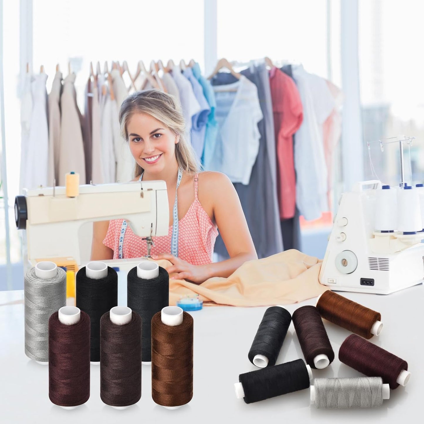 6 Pcs Polyester Thread Kit - 400 Yards Each Spool, Sewing Threads for Machine & Hand Stitching, Embroidery, Includes Sewing Needle & Threader