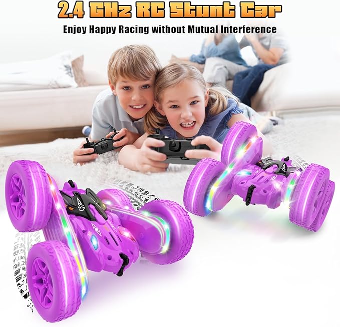 Remote Control Cars for Girls, 2.4GHz RC Stunt Car with 360° Flips & Double Sided Driving, LED Strip Lights and Headlights, Changeable Wheels, Birthday Gift for 5-12 Year Old Girls (Purple)