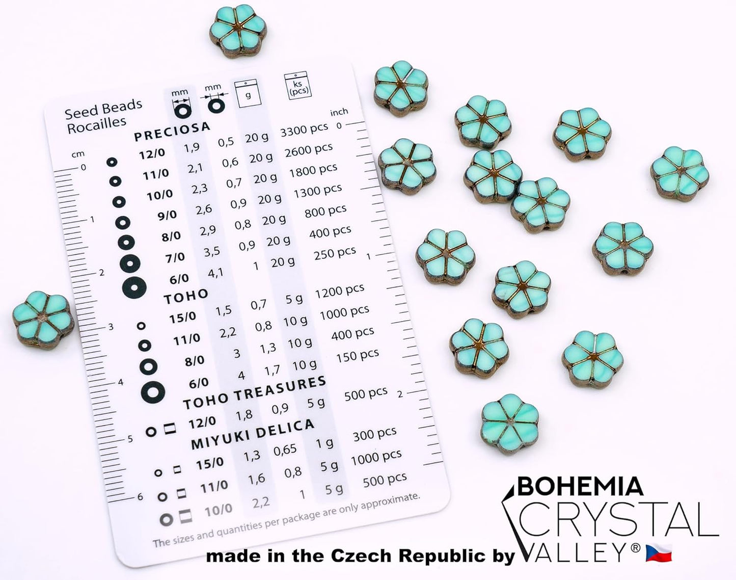 Bohemia Crystal Valley Czech Glass Beads & Japaneese TOHO Seed for Jewelry Making Set - 4 Gentle Distinct Colors Beads: Table Cut Flowers, Fire Polished Faceted 4mm, 2X Rocailles Mix Teal Pink Beige
