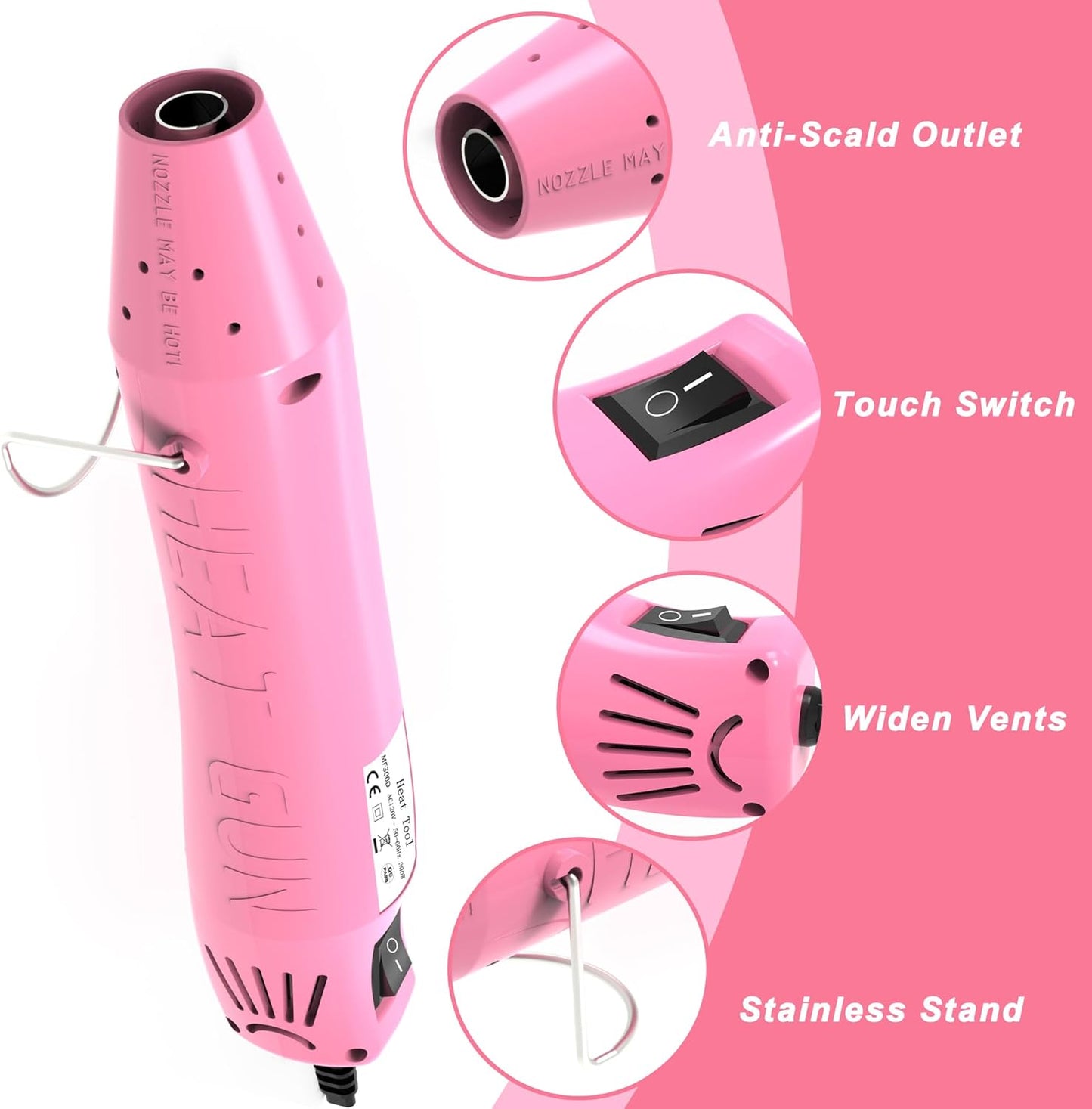 Heat Gun, Mini Heat Gun for Shrink Tubing, Portable Heat Gun for DIY Crafts, 300W Heat Air Gun with Reflector Nozzle, Shrink Wrap Gun Tool for Shrink Packaging PVC, Drying Paint, Clay - Pink