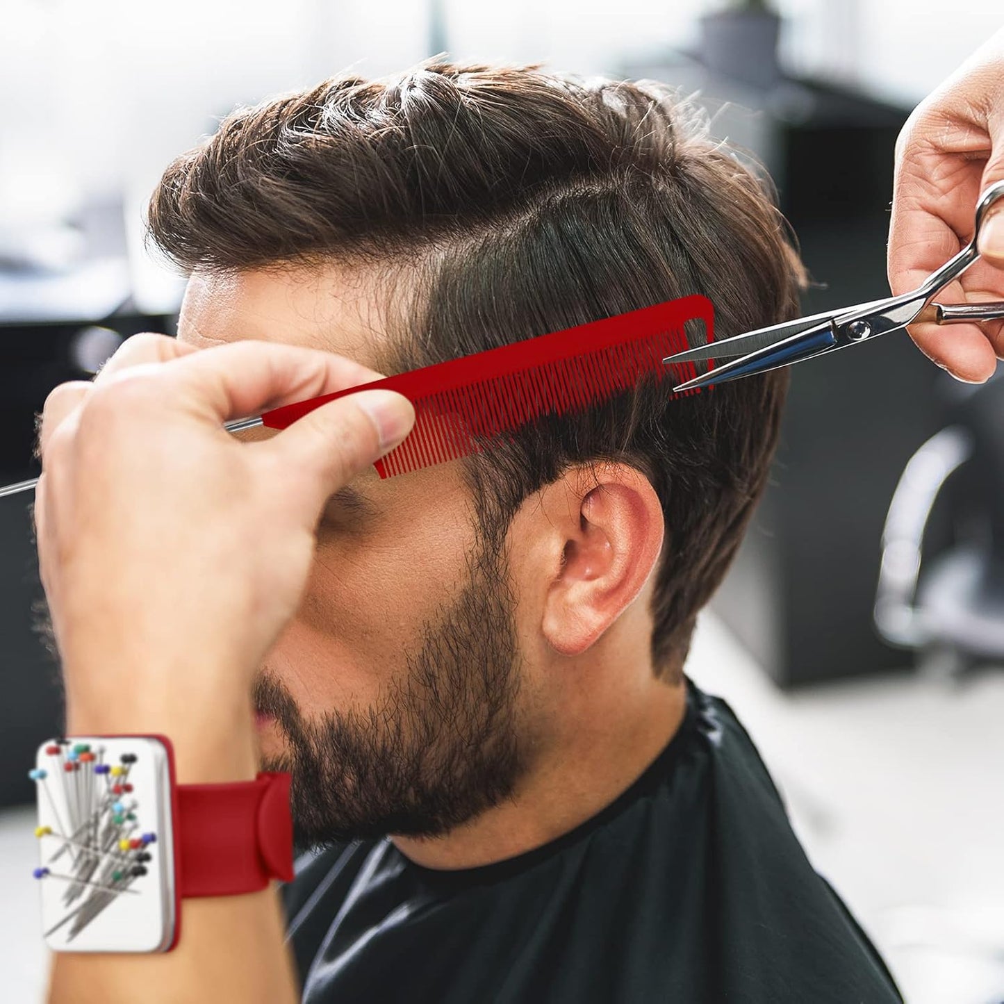 WILLBOND Magnetic Wrist Sewing Pincushion Wrist Magnetic Pin Holder Wristband Pin Cushion Holder with 3 Pcs Stainless Steel Pintail Comb Rat Tail Comb for Hair Clips Hand Sewing(Red)