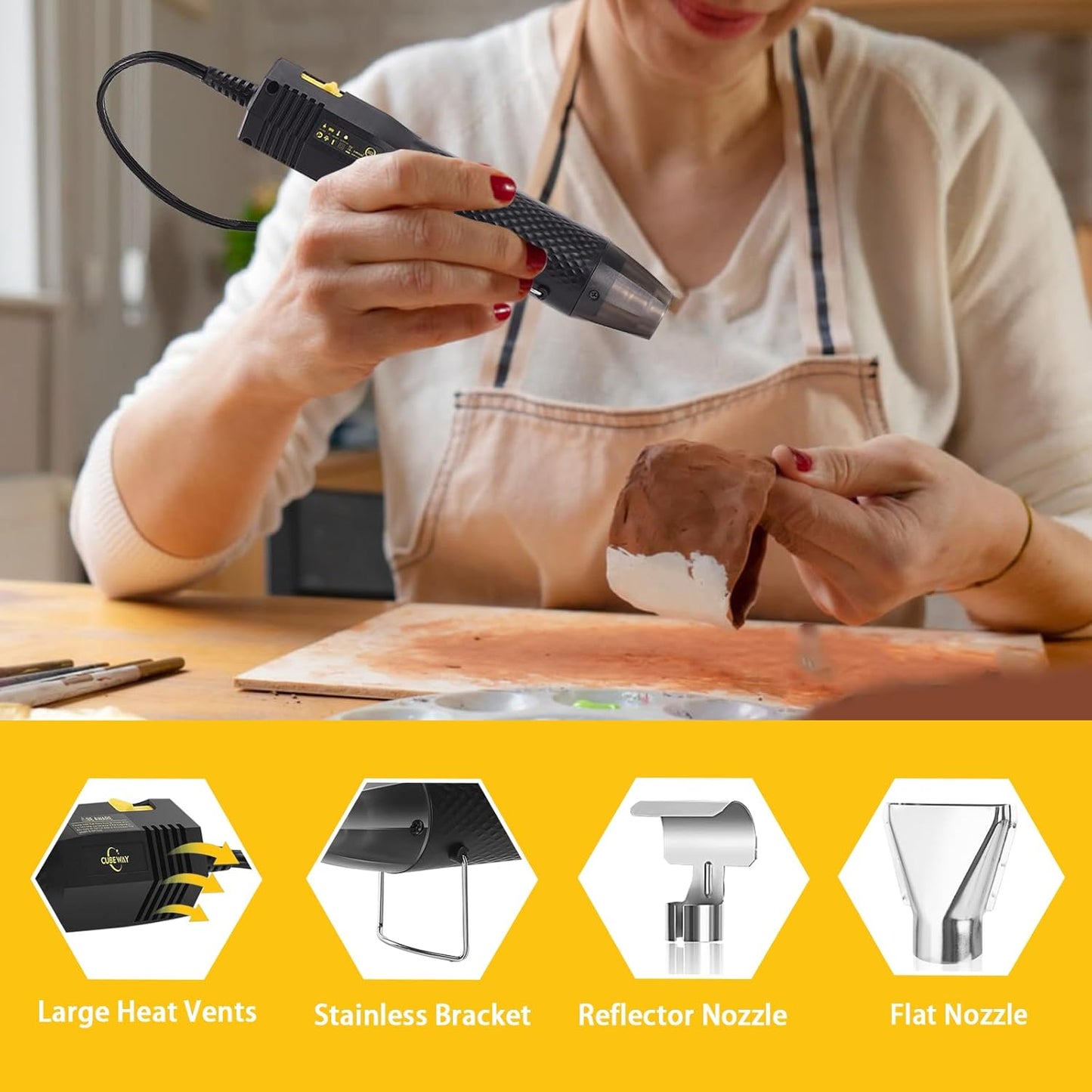 Mini Heat Gun with 6.56FT Long Cable, CUBEWAY 350W Dual-Temp 392~662°F Heat Shrink Gun with Reflector Nozzle and Shrinking Tubes for Wire Connectors, Small Hot Air Gun for Embossing Crafts